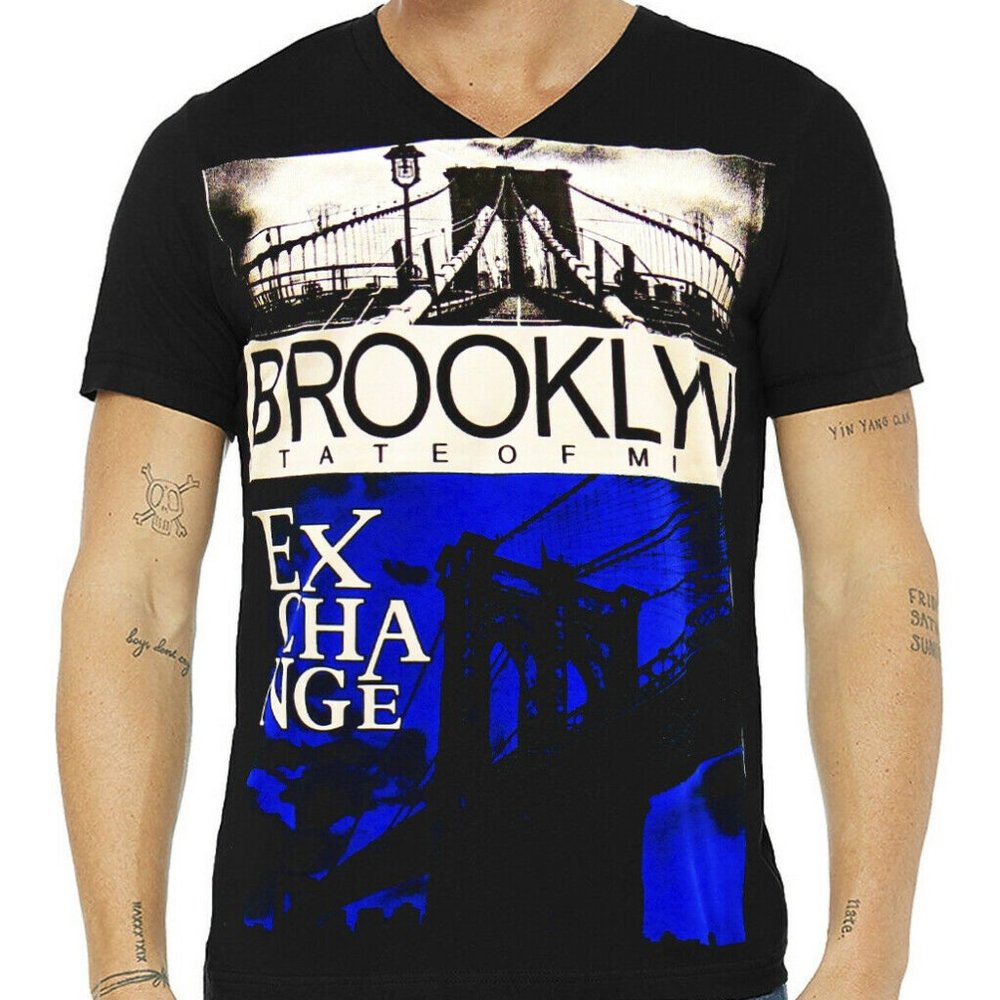 NWT EXCHANGE BROOKLYN BRIDGE MEN'S BLACK V-NECK SHORT SLEEVE T-SHIRT SIZE M
